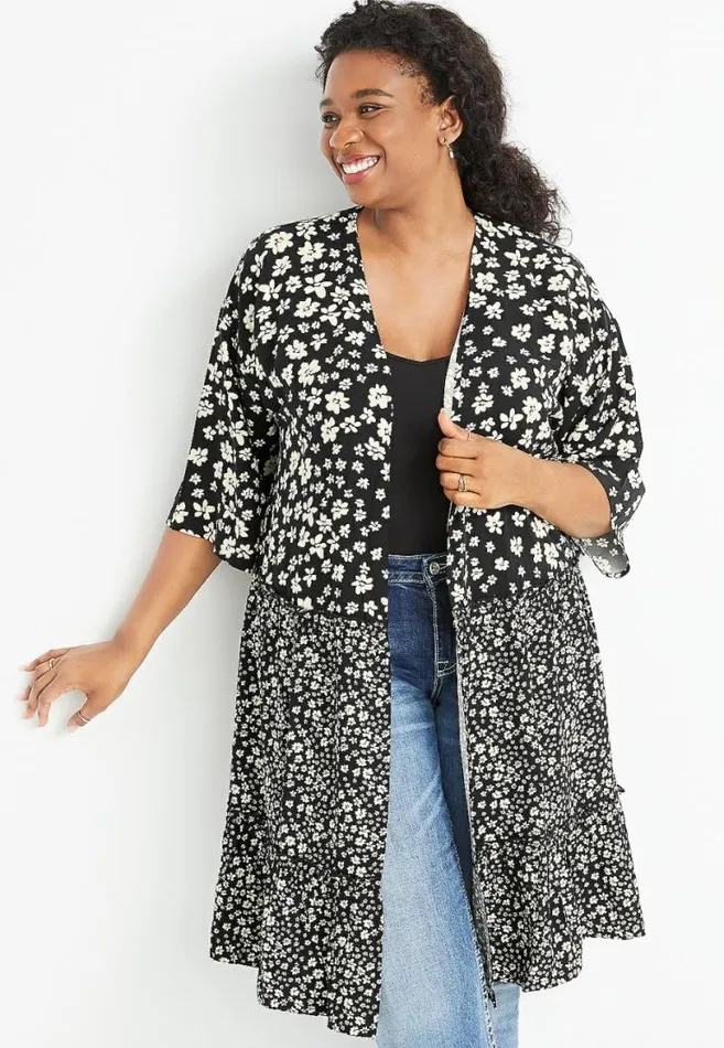 Women Plus Size Black Daisy Tiered Kimono Maurices Plus Tops