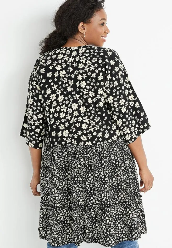 Women Plus Size Black Daisy Tiered Kimono Maurices Plus Tops