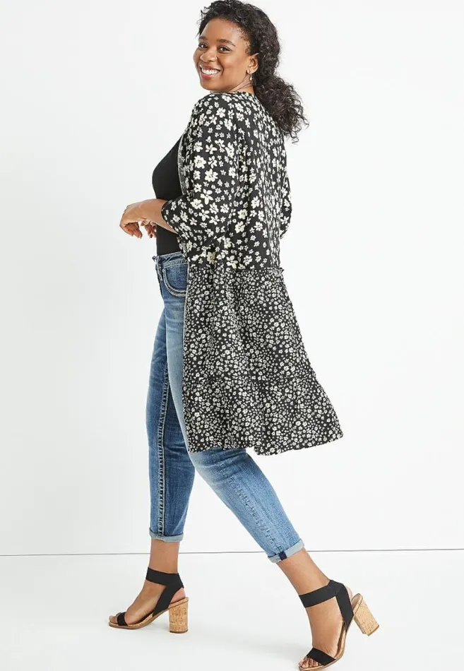Women Plus Size Black Daisy Tiered Kimono Maurices Plus Tops