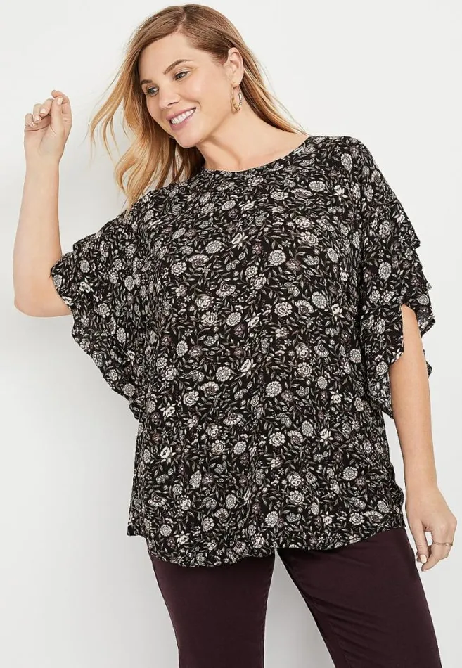 Women Plus Size Black Floral Flutter Sleeve Top Maurices Plus Tops