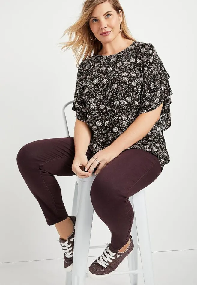 Women Plus Size Black Floral Flutter Sleeve Top Maurices Plus Tops