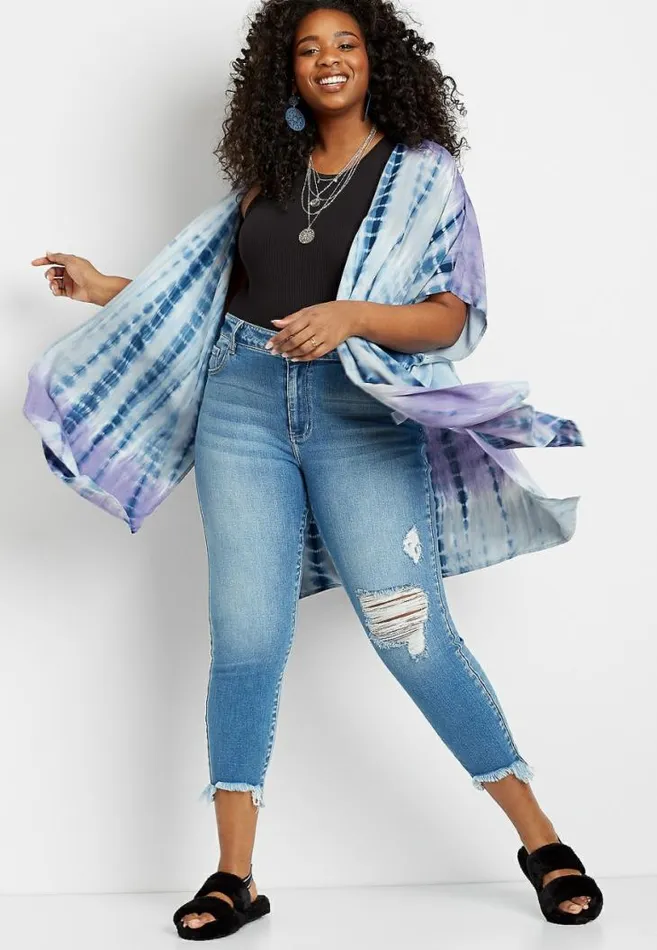 Women Plus Size Blue and Purple Tie Dye Kimono Maurices Plus Tops