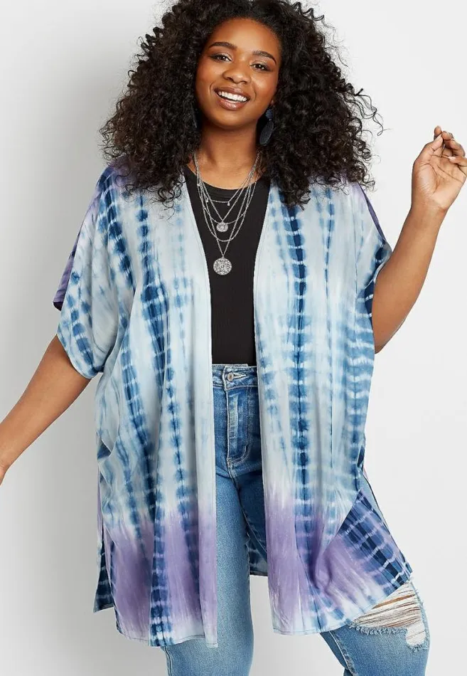 Women Plus Size Blue and Purple Tie Dye Kimono Maurices Plus Tops
