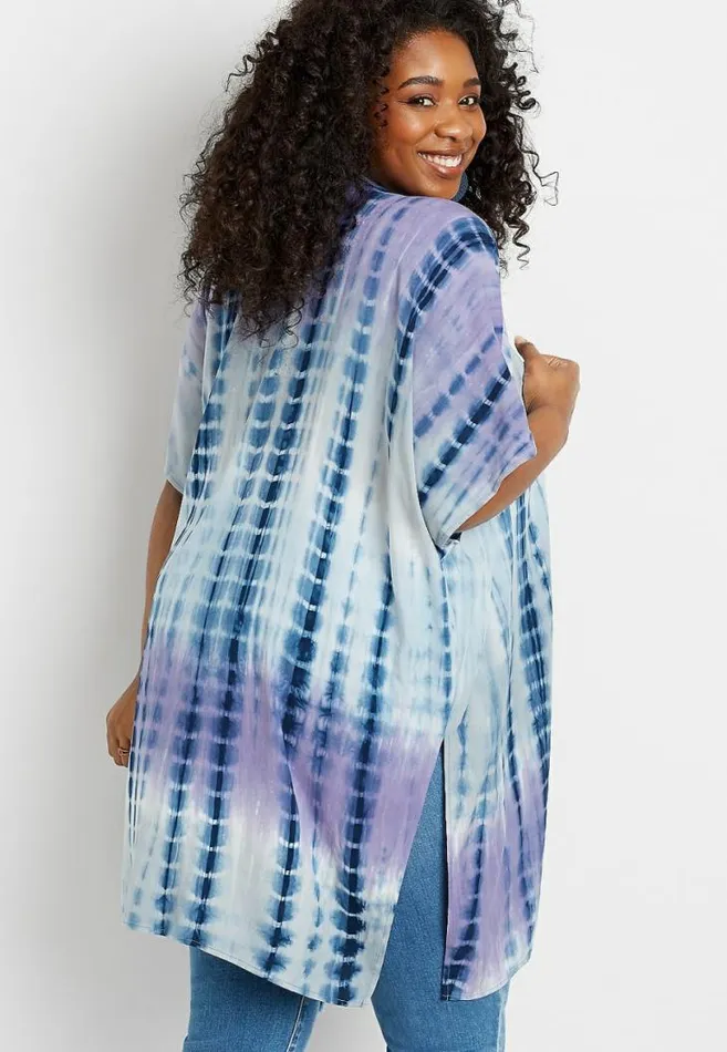 Women Plus Size Blue and Purple Tie Dye Kimono Maurices Plus Tops