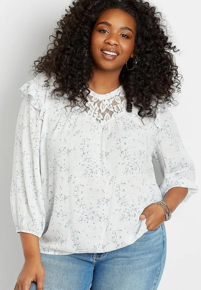 Women Plus Size Blue Floral Lace 34 Sleeve Swing Top Maurices Plus Tops