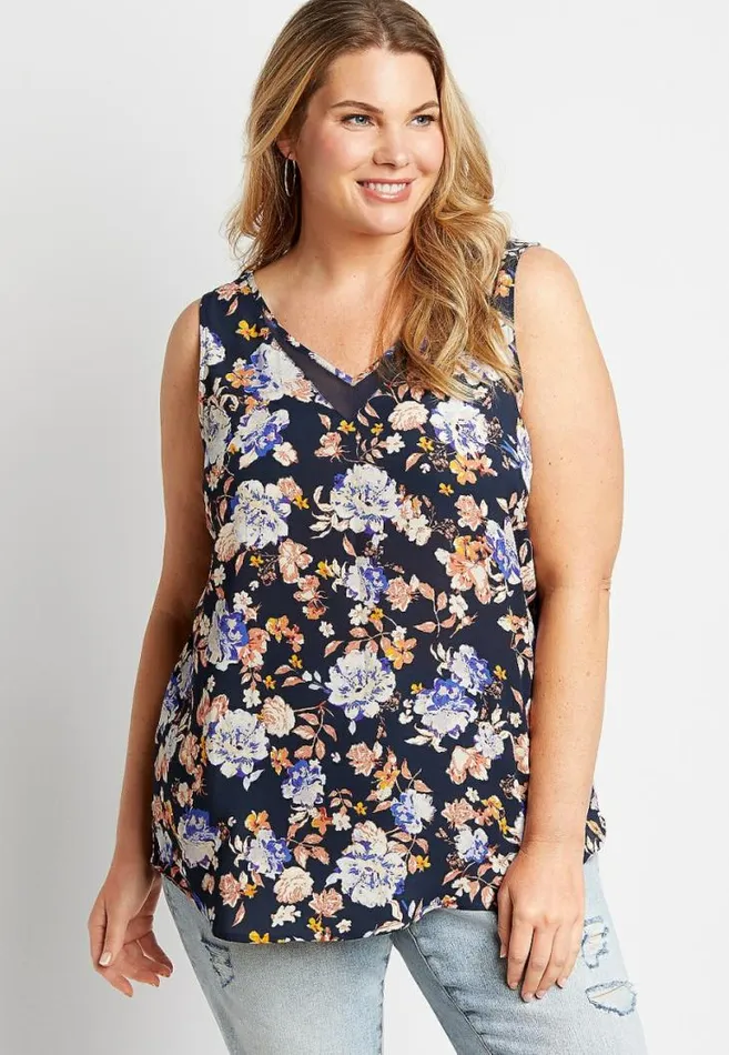 Women Plus Size Blue Floral Sheer Inset V Neck Tank Top Maurices Plus Tops