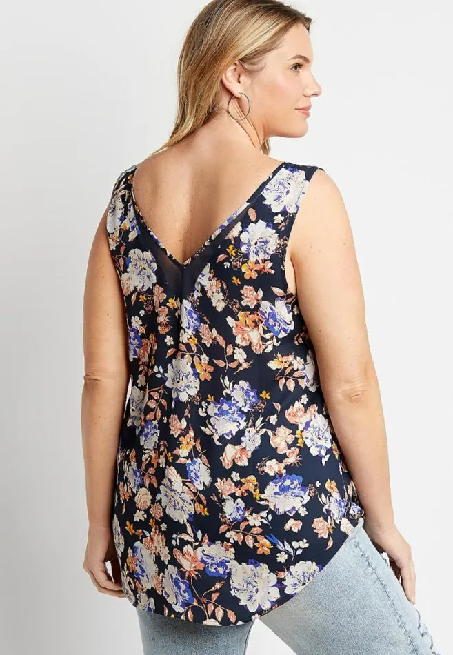 Women Plus Size Blue Floral Sheer Inset V Neck Tank Top Maurices Plus Tops