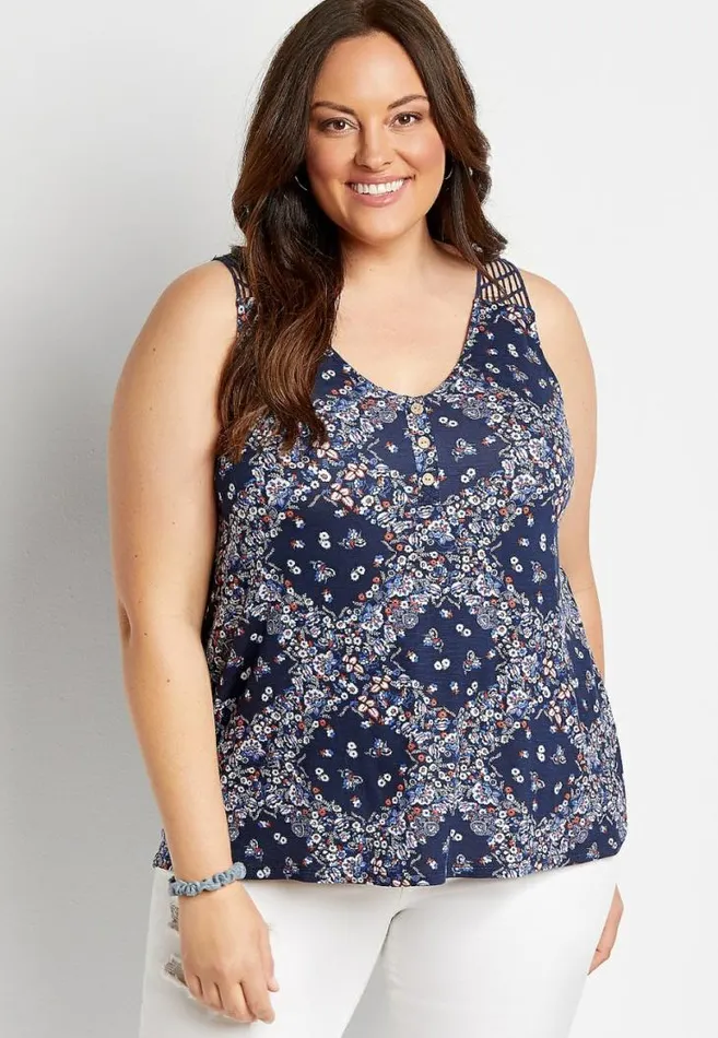 Women Plus Size Blue Macrame Back Button Front Tank Top Maurices Plus Tops