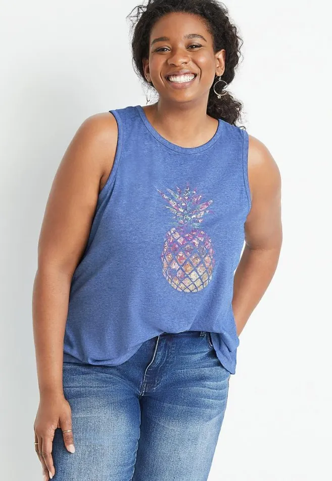 Women Plus Size Blue Metallic Pineapple Graphic Tank Top Maurices Plus Tops