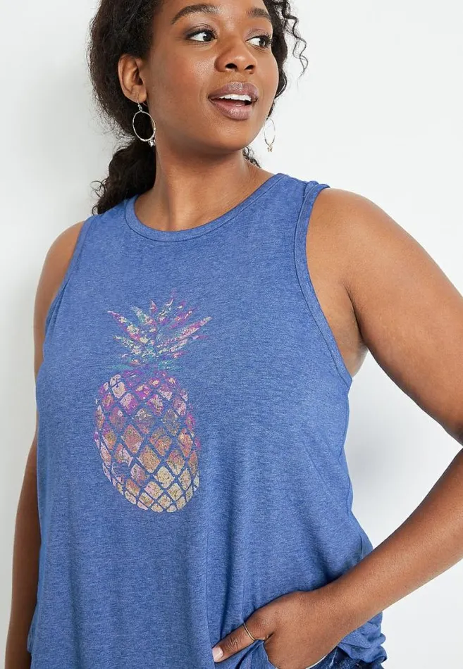Women Plus Size Blue Metallic Pineapple Graphic Tank Top Maurices Plus Tops