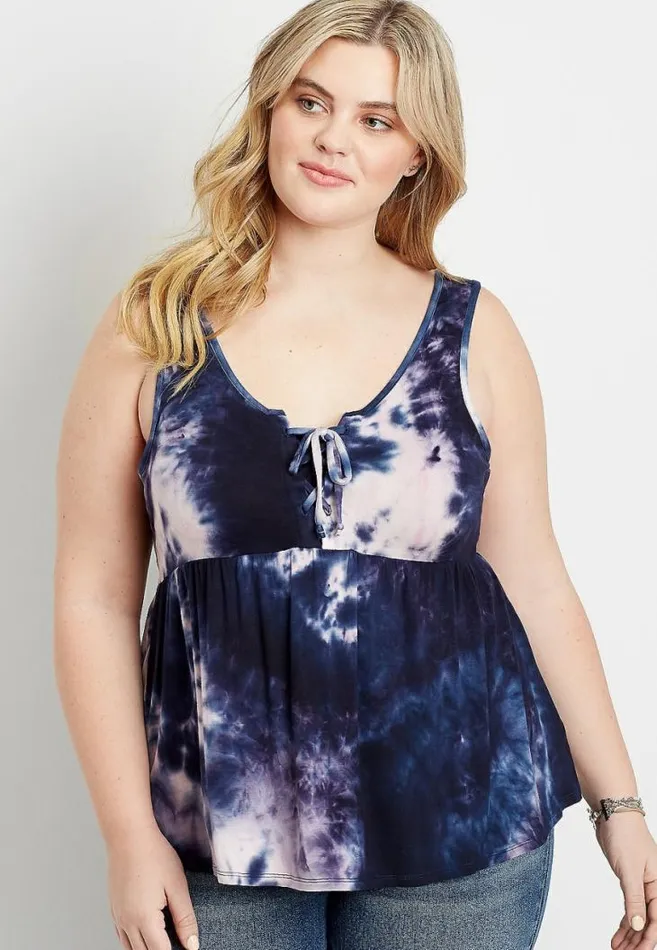 Women Plus Size Blue Tie Dye Lace Up Babydoll Tank Top Maurices Plus Tops