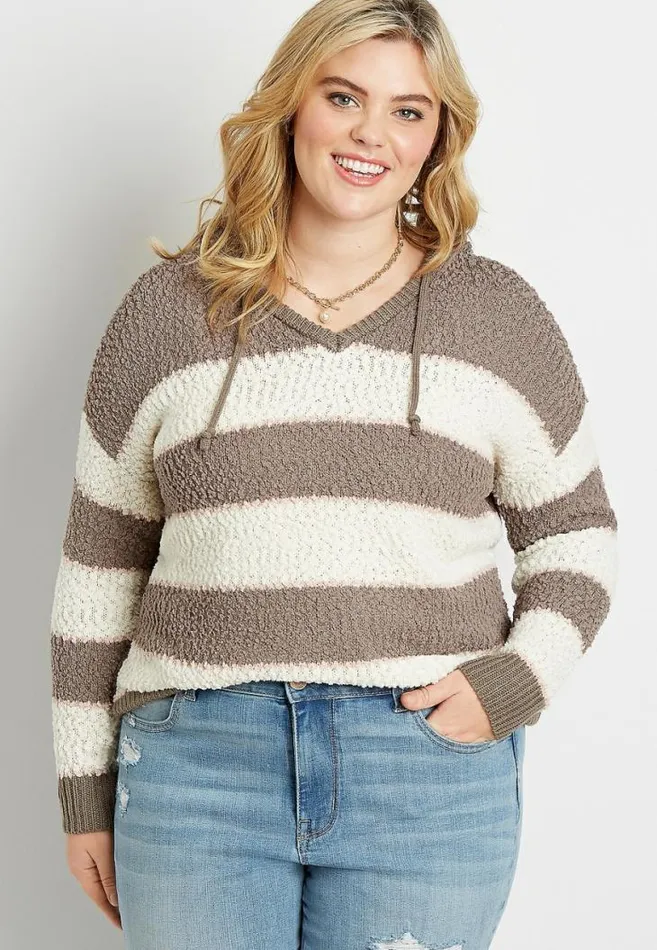Women Plus Size Brown Stripe Hooded Pullover Sweater Maurices Plus Tops