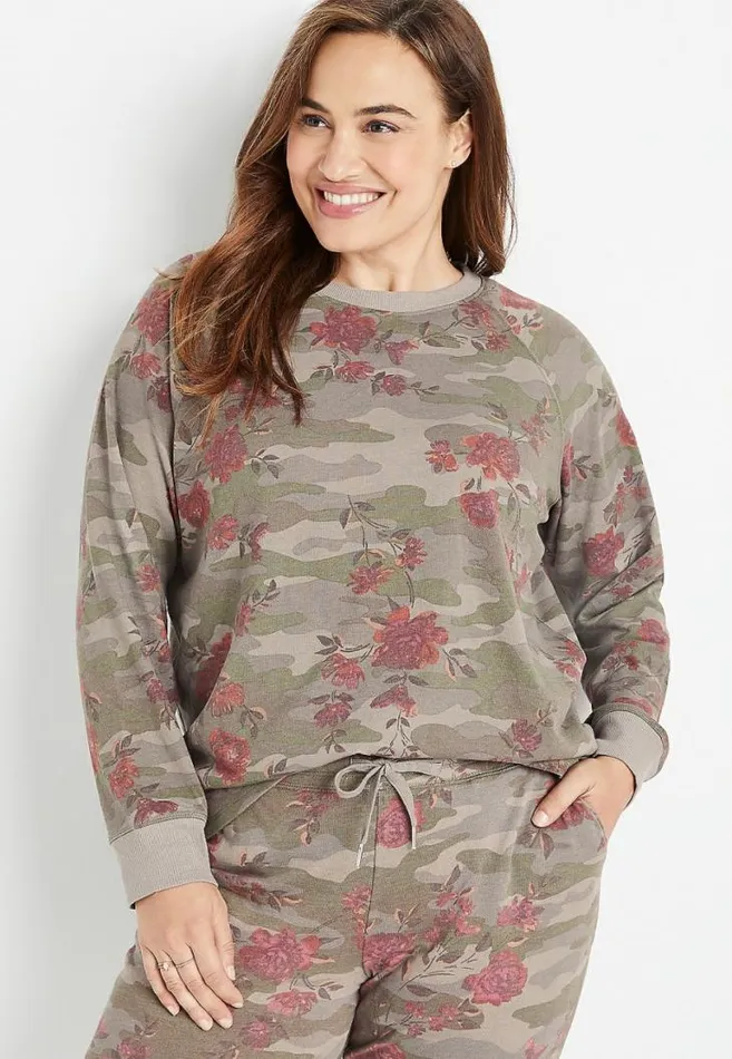 Women Plus Size Camo Floral Crew Neck Sweatshirt Maurices Plus Tops