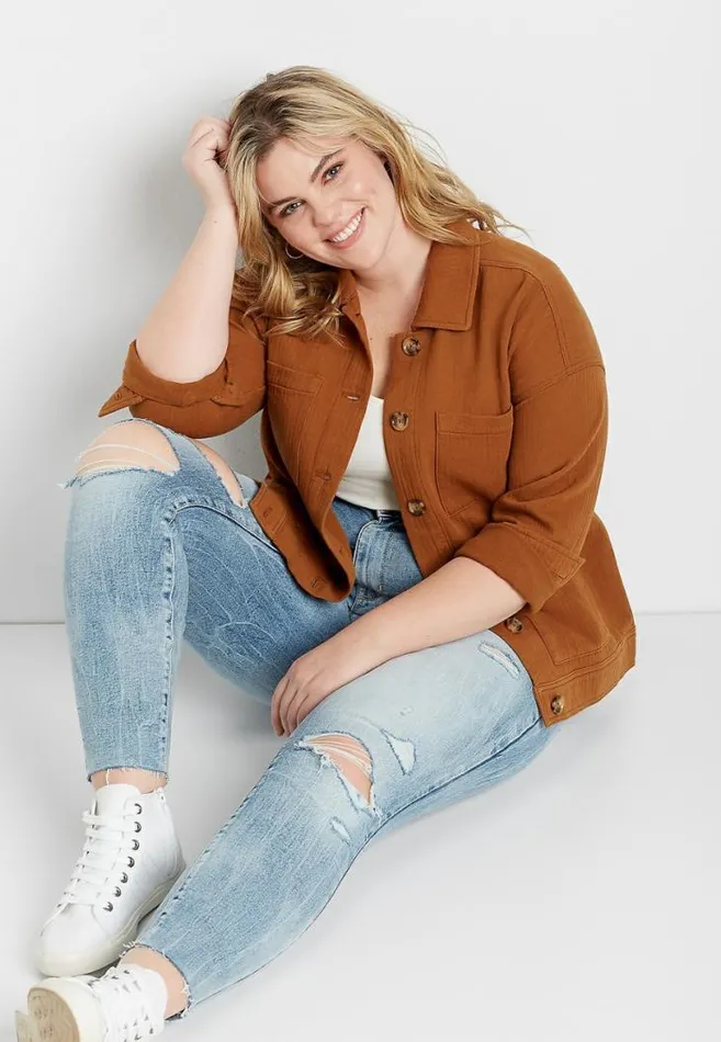 Women Plus Size Cognac Pocket Cinched Utility Jacket Maurices Plus Tops