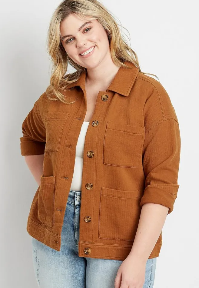 Women Plus Size Cognac Pocket Cinched Utility Jacket Maurices Plus Tops