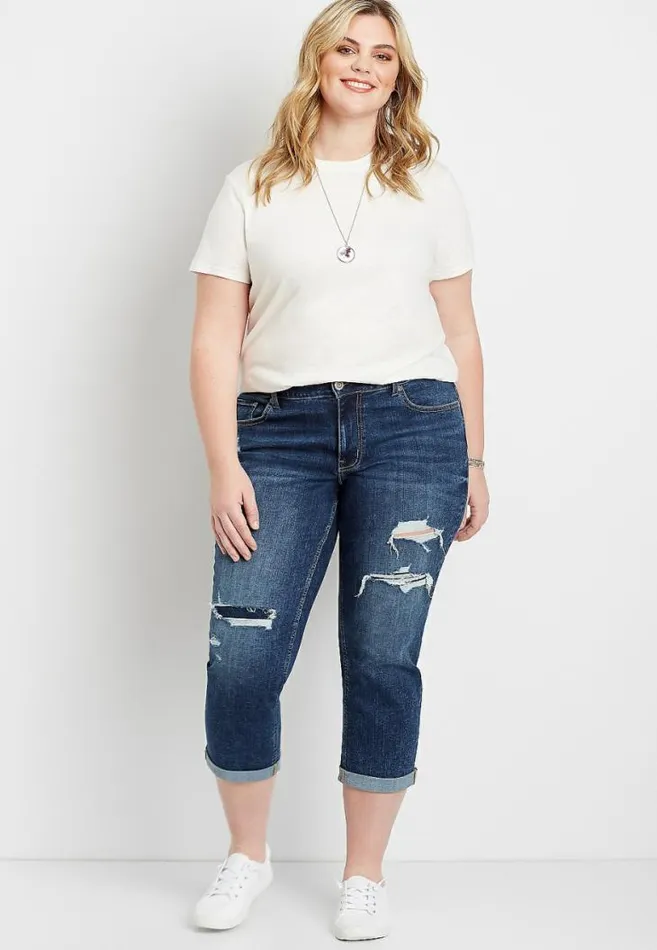 Women Plus Size Dark Ripped Boyfriend Cropped Jean Maurices Plus Bottoms