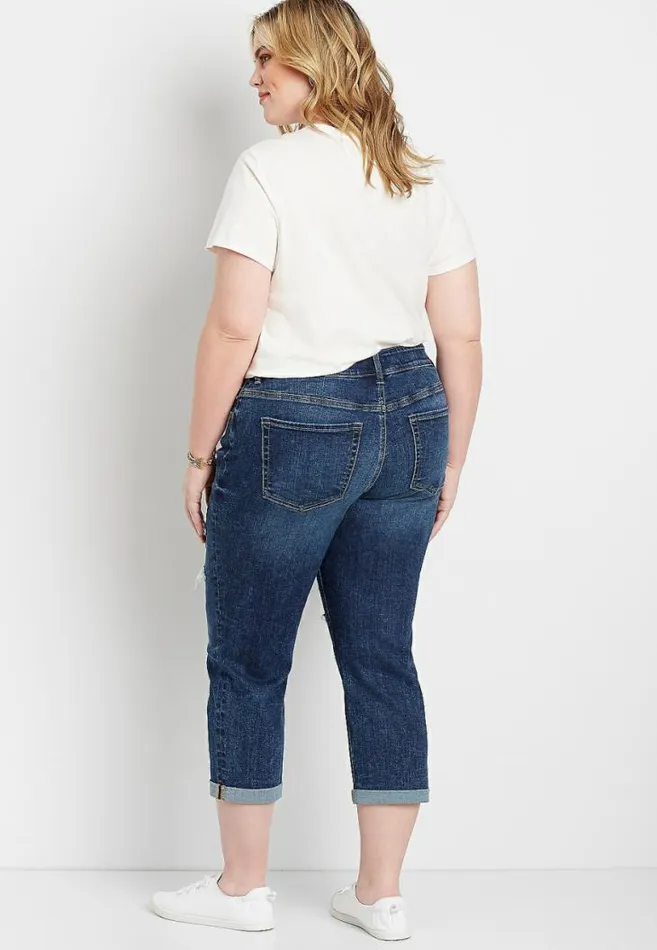 Women Plus Size Dark Ripped Boyfriend Cropped Jean Maurices Plus Bottoms