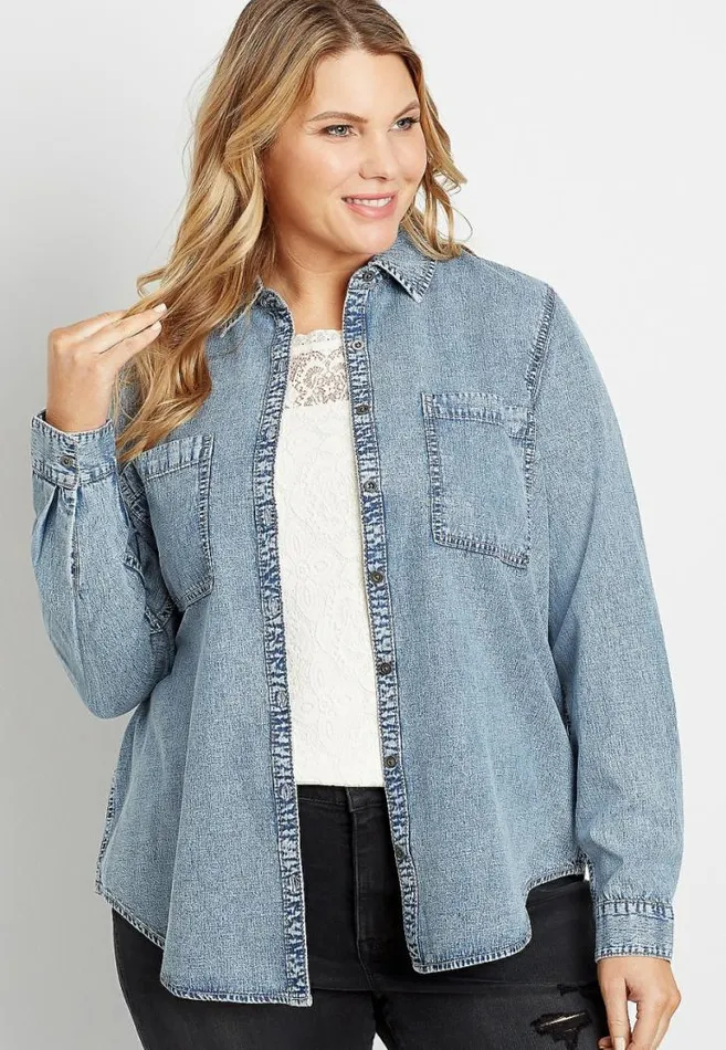 Women Plus Size Denim Button Down Utility Shirt Maurices Plus Tops