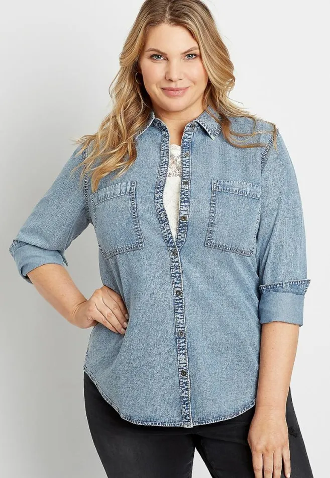 Women Plus Size Denim Button Down Utility Shirt Maurices Plus Tops