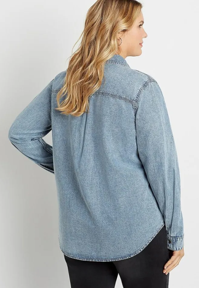 Women Plus Size Denim Button Down Utility Shirt Maurices Plus Tops