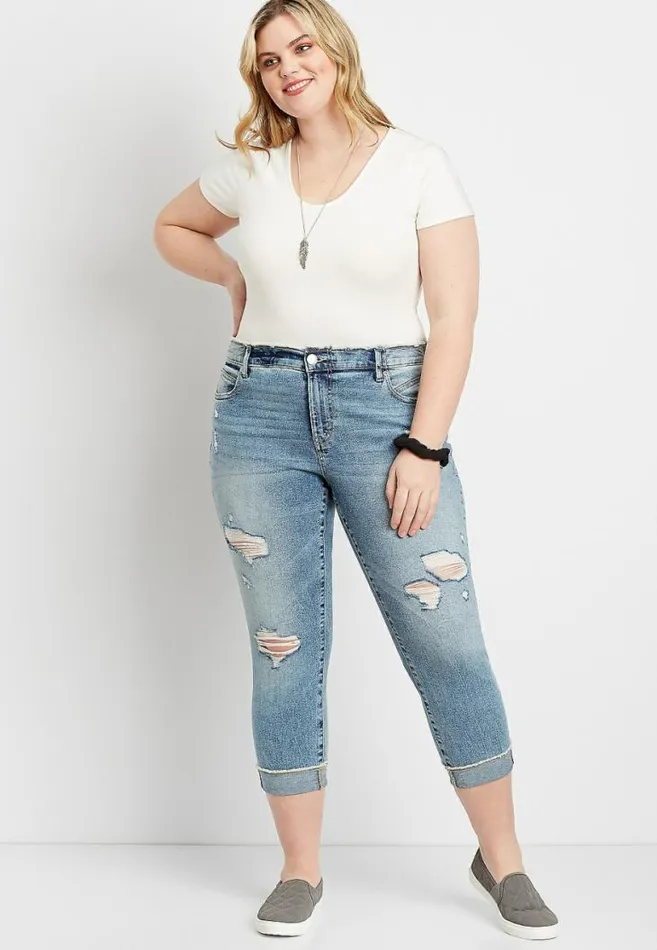 Women Plus Size Denimflex Medium Ripped Frayed Waist Crop Jean Maurices Plus Bottoms