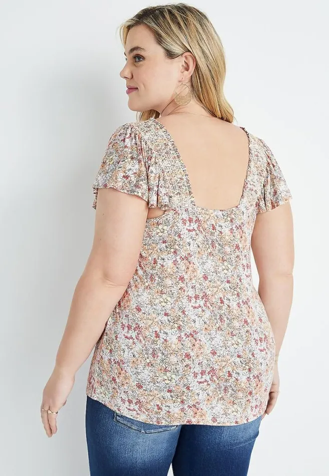 Women Plus Size Ditsy Floral Smocked Flutter Sleeve Blouse Maurices Plus Tops