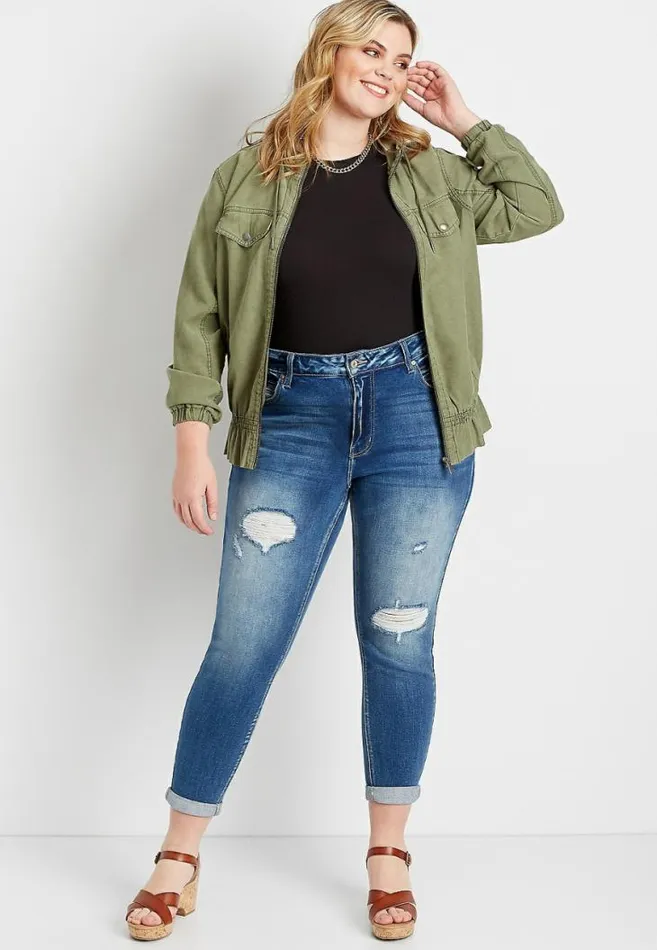 Women Plus Size Kancan High Rise Curvy Medium Destructed Rolled Hem Skinny Jean Maurices Plus Jeans