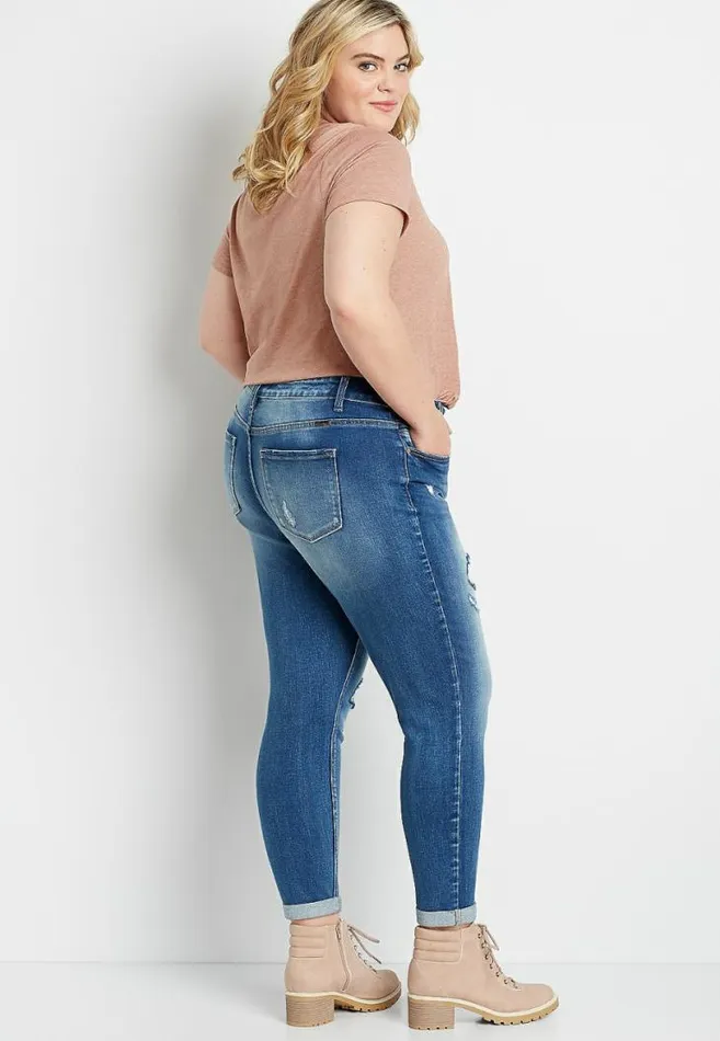 Women Plus Size Kancan High Rise Curvy Medium Destructed Rolled Hem Skinny Jean Maurices Plus Jeans