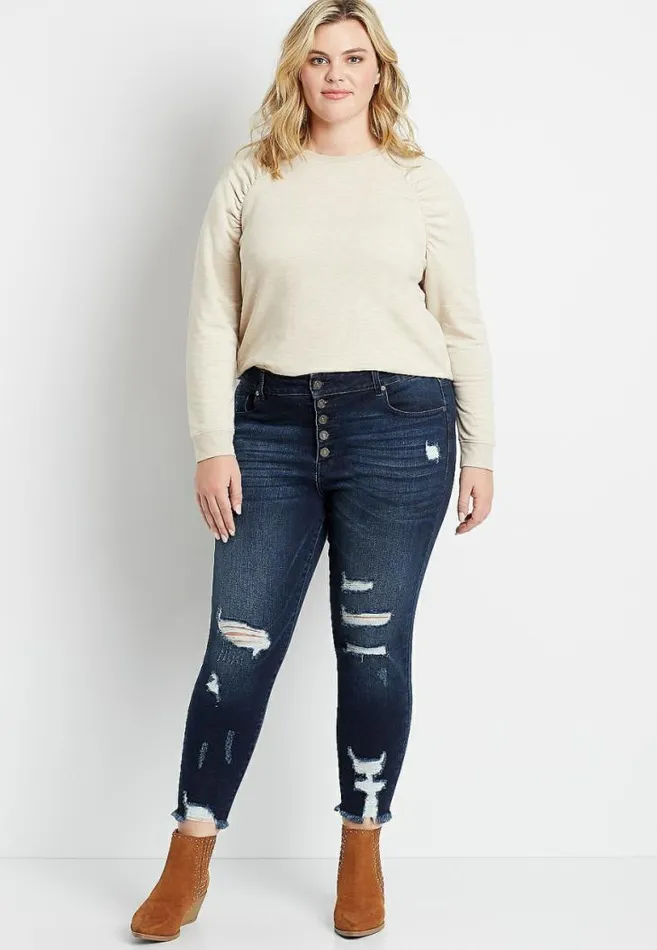 Women Plus Size Kancan High Rise Dark Destructed Button Fly Skinny Ankle Jean Maurices Plus Jeans Women Plus Size Kancan High Rise Dark Destructed Button Fly Skinny Ankle Jean Maurices Plus Jeans