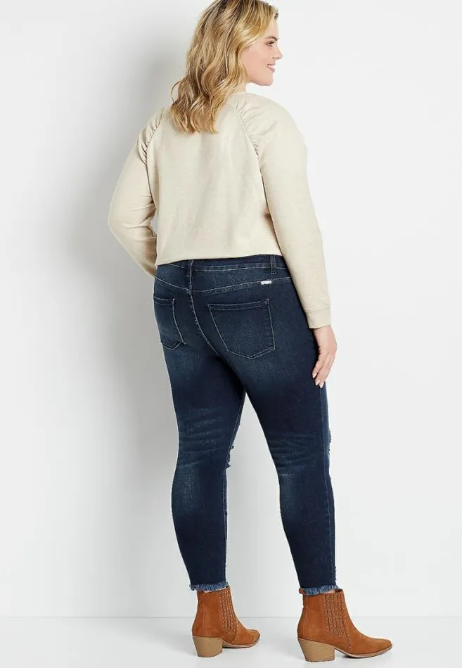 Women Plus Size Kancan High Rise Dark Destructed Button Fly Skinny Ankle Jean Maurices Plus Jeans