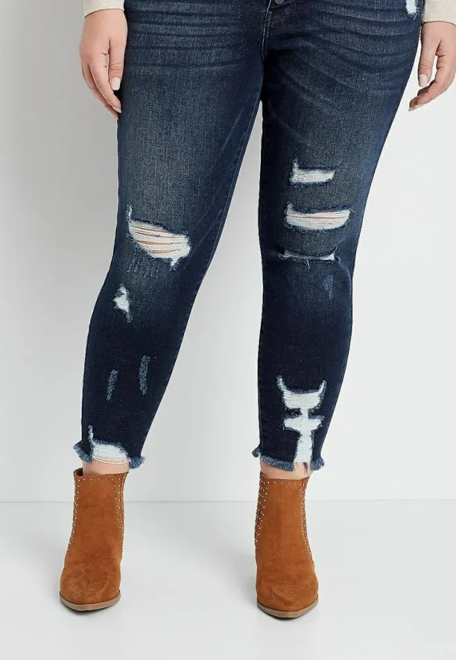 Women Plus Size Kancan High Rise Dark Destructed Button Fly Skinny Ankle Jean Maurices Plus Jeans