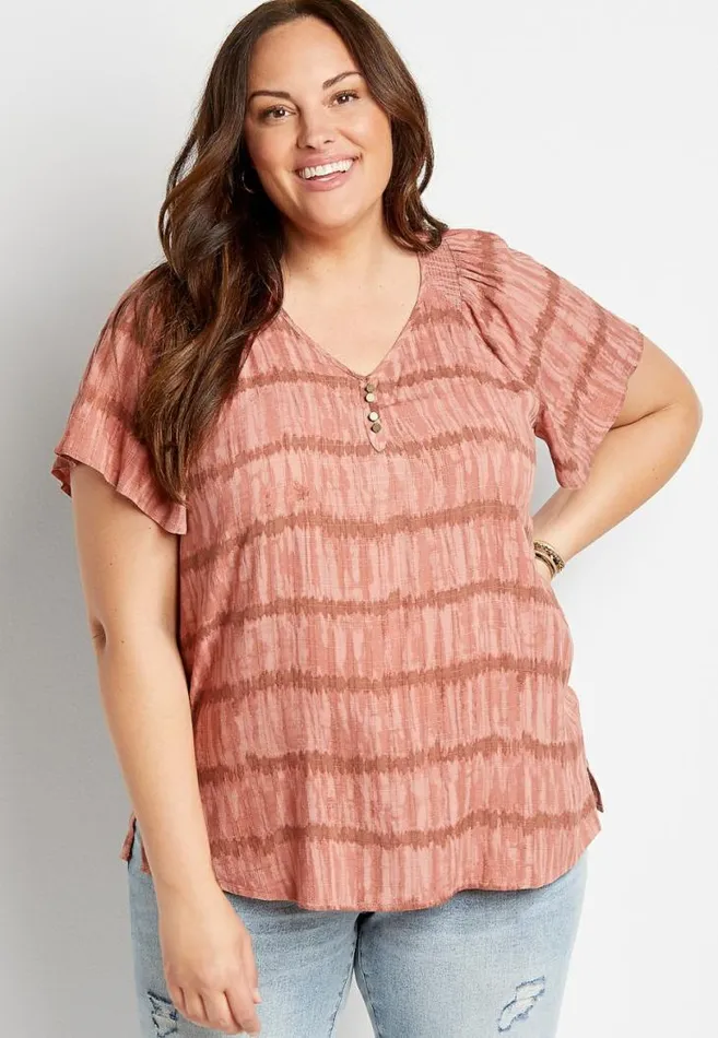 Women Plus Size Mauve Tie Dye Flutter Sleeve Button Front Top Maurices Plus Tops Women Plus Size Mauve Tie Dye Flutter Sleeve Button Front Top Maurices Plus Tops