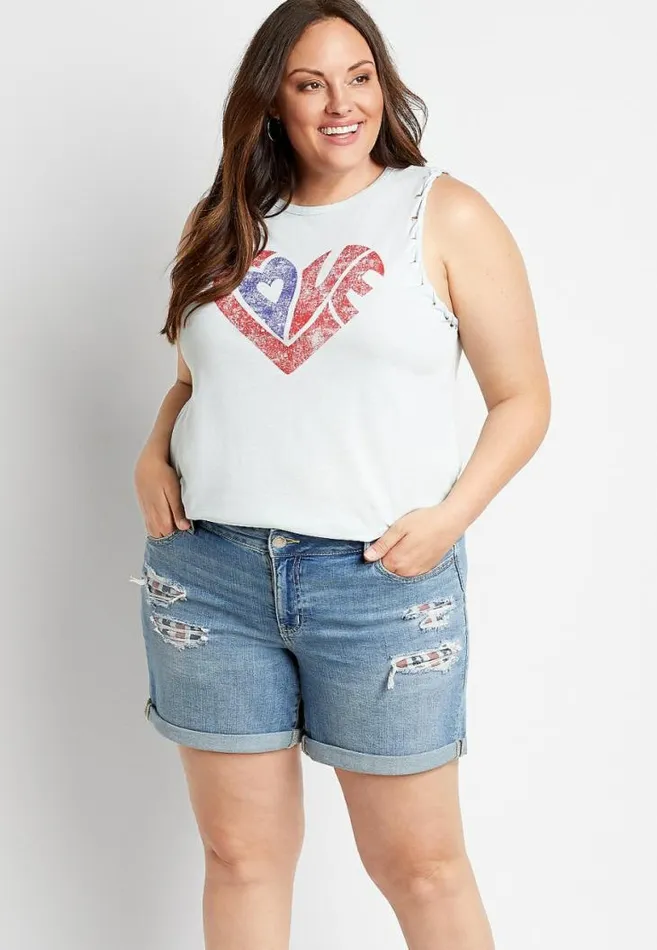 Women Plus Size Medium Wash Ripped Backed Americana 6In Short Maurices Plus Bottoms Women Plus Size Medium Wash Ripped Backed Americana 6In Short Maurices Plus Bottoms