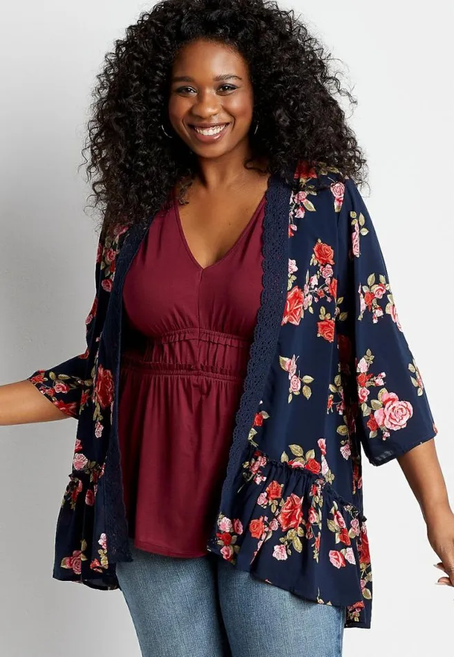 Women Plus Size Navy Floral Crochet Trim Kimono Maurices Plus Tops