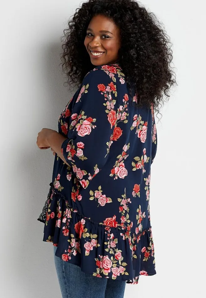 Women Plus Size Navy Floral Crochet Trim Kimono Maurices Plus Tops