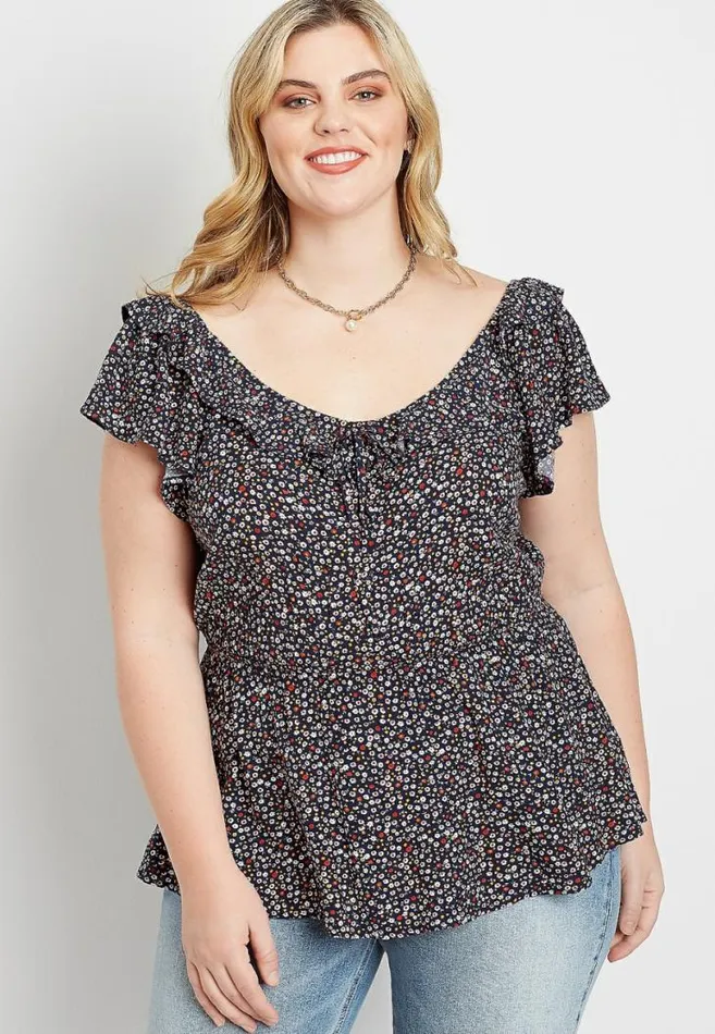 Women Plus Size Navy Floral Ruffle Trim Top Maurices Plus Tops