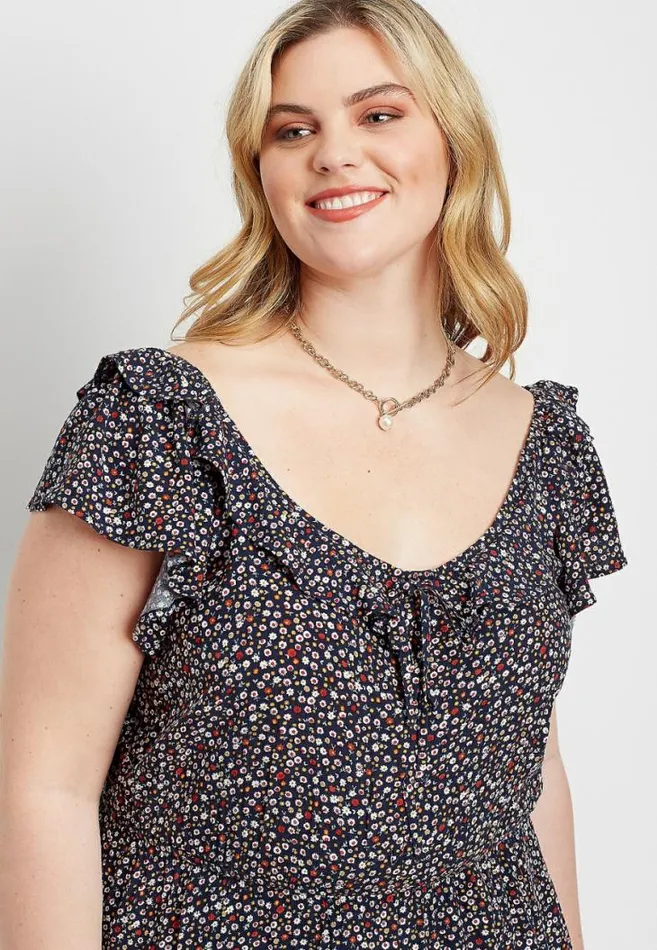 Women Plus Size Navy Floral Ruffle Trim Top Maurices Plus Tops
