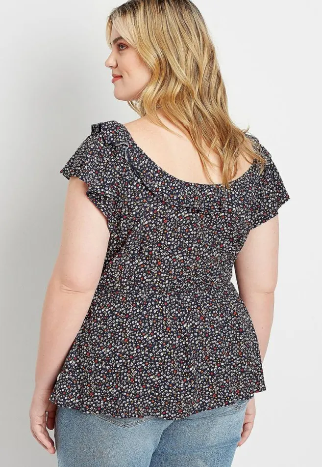 Women Plus Size Navy Floral Ruffle Trim Top Maurices Plus Tops