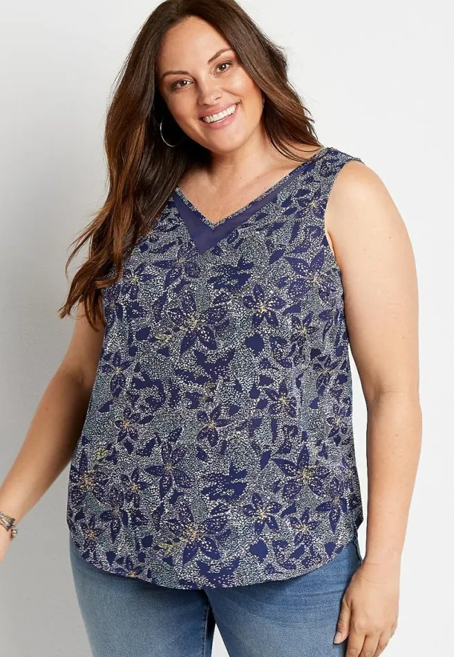 Women Plus Size Navy Floral Sheer Inset V Neck Tank Top Maurices Plus Tops