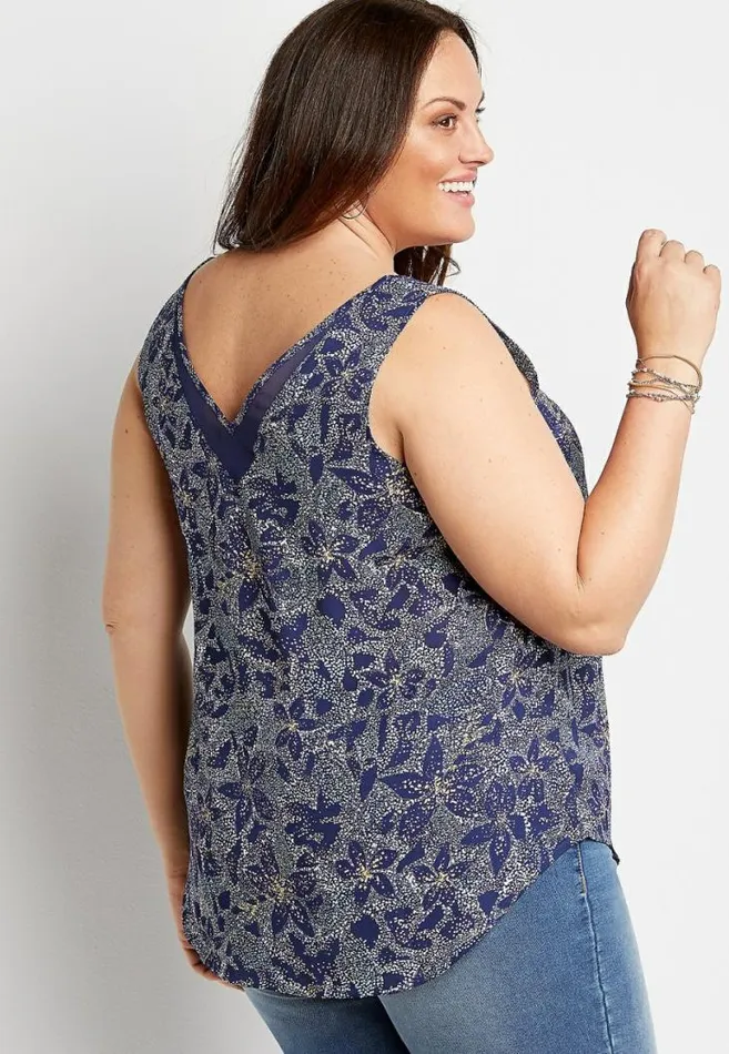 Women Plus Size Navy Floral Sheer Inset V Neck Tank Top Maurices Plus Tops