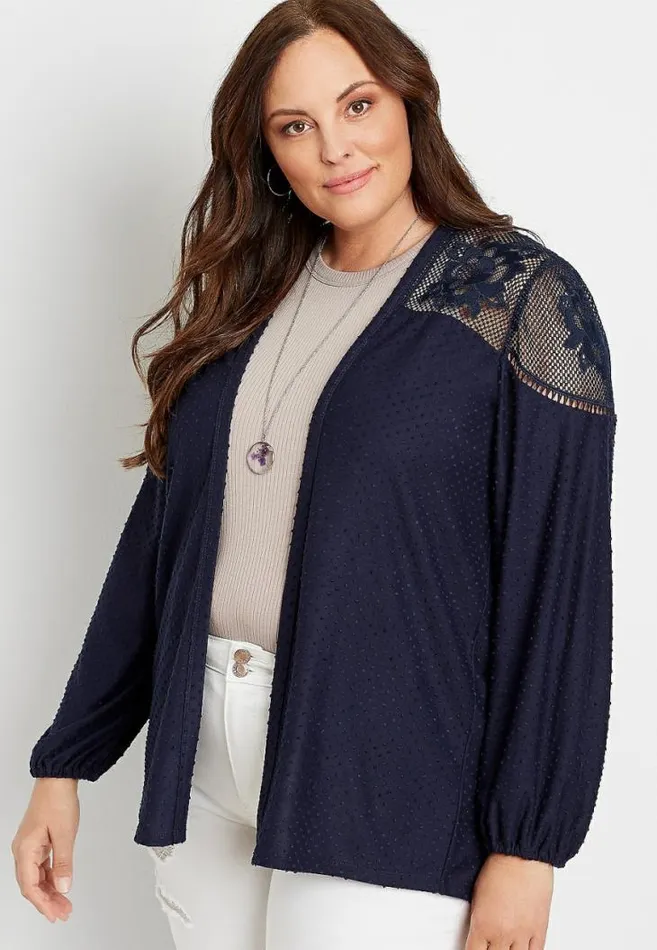 Women Plus Size Navy Lace Yoke Swiss Dot Open Front Cardigan Maurices Plus Tops