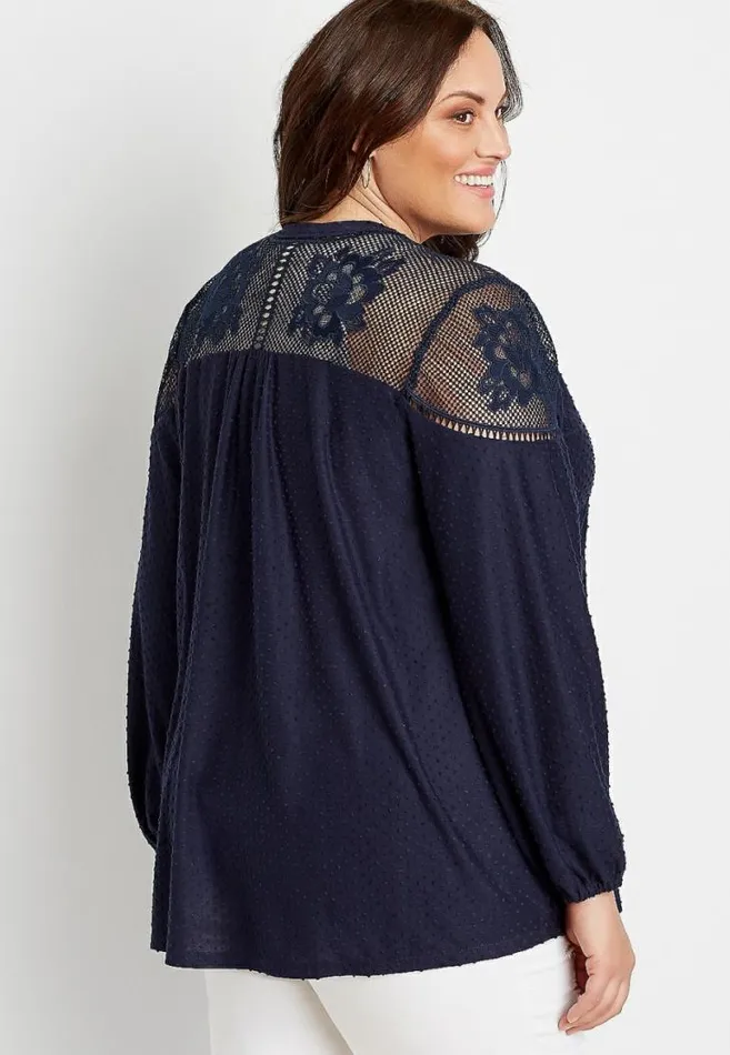 Women Plus Size Navy Lace Yoke Swiss Dot Open Front Cardigan Maurices Plus Tops