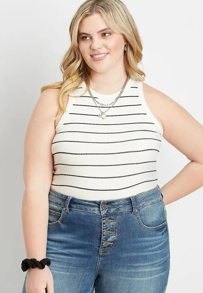 Women Plus Size Navy Stripe High Neck Fitted Ribbed Tank Top Maurices Plus Tops