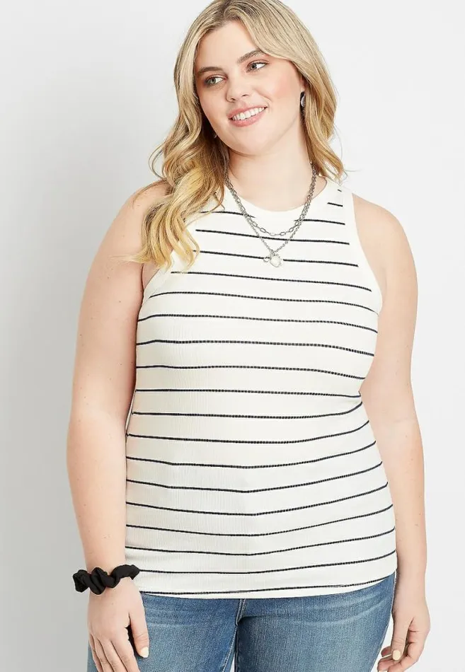 Women Plus Size Navy Stripe High Neck Fitted Ribbed Tank Top Maurices Plus Tops