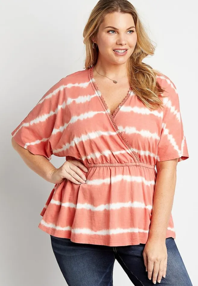 Women Plus Size Orange Tie Dye Wrap Short Sleeve Top Maurices Plus Tops