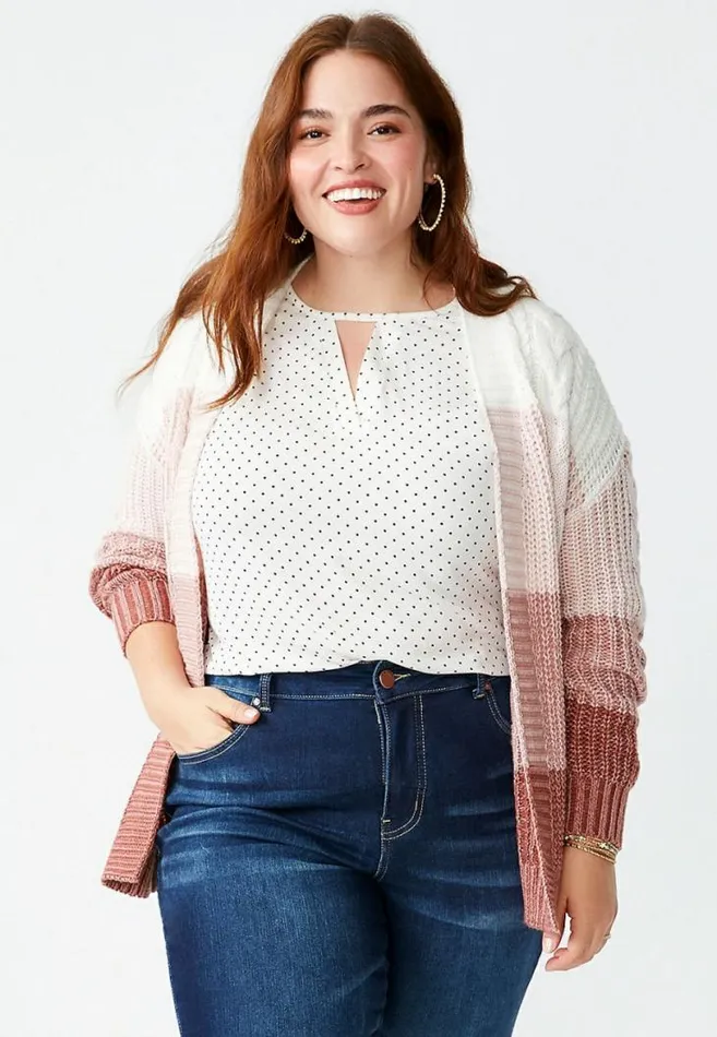 Women Plus Size Pink Colorblock Cable Knit Open Front Cardigan Maurices Plus Tops
