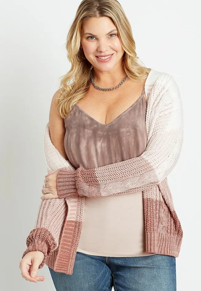 Women Plus Size Pink Colorblock Cable Knit Open Front Cardigan Maurices Plus Tops