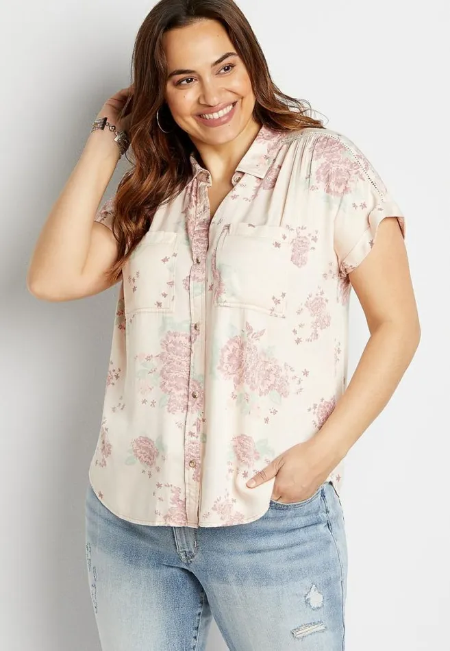 Women Plus Size Pink Floral Short Sleeve Utility Button Down Shirt Maurices Plus Tops