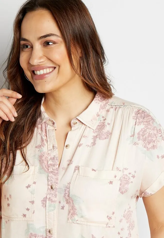Women Plus Size Pink Floral Short Sleeve Utility Button Down Shirt Maurices Plus Tops