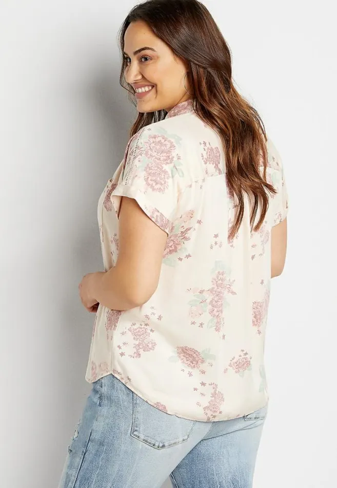 Women Plus Size Pink Floral Short Sleeve Utility Button Down Shirt Maurices Plus Tops